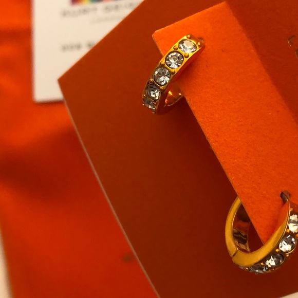 Kurt Geiger London Orange Metallic Huggie Hoops Crystal Accents NWT & Dust Bag - Picture 8 of 12
